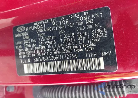 2024 Hyundai Kona Sel from USA, damaged, VIN KM8HB3AB0RU172299